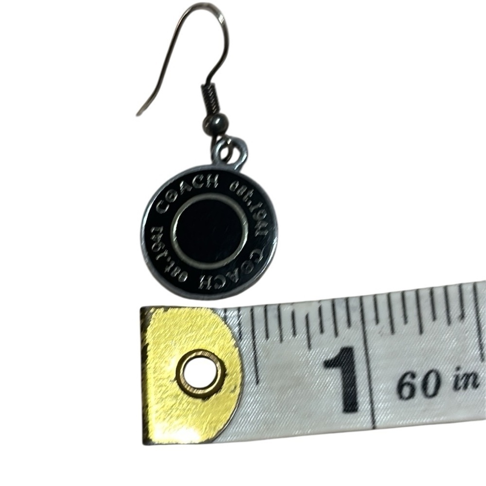 Coach Dangle Black and Silver Enamel Disc Earrings, hooks - Picture 4 of 4